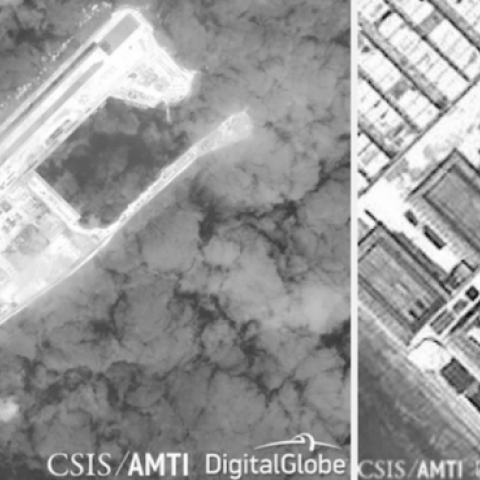 A satellite image shows what CSIS Asia Maritime Transparency Initiative says appears to be concrete structures with retractable roofs on the artificial island Fiery Cross reefs in the South China Sea in this image taken February 7, 2017 and released on Fe