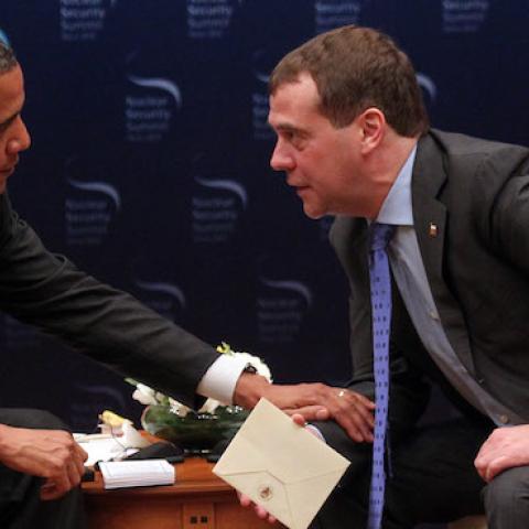 (L-R) U.S. President Barack Obama and Russian President Dmitry Medvedev talk during the 2012 Seoul Nuclear Security Summit at the Hankuk University of Foreign Studies on March 26, 2012 in Seoul, South Korea. (Sasha Mordovets/Getty Images)