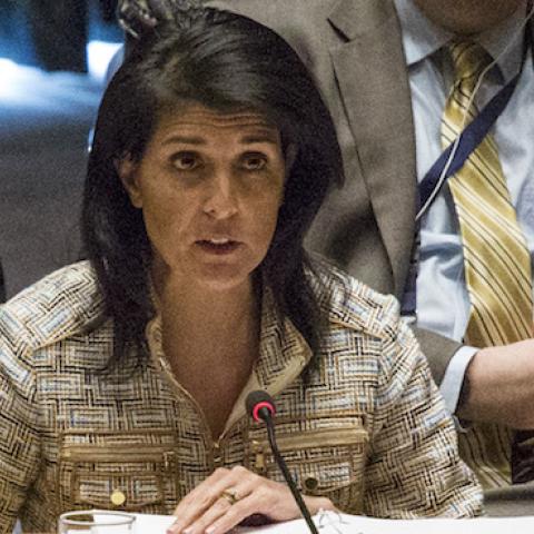 US United Nations Ambassador Nikki Haley speaks at the Security Council meeting on February 21, 2017 at UN Headquarters in New York. (KENA BETANCUR/AFP/Getty Images)