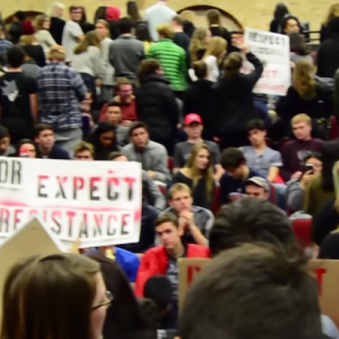 Screenshot of Middlebury College protest against author Charles Murray, March 2, 2017. (VTDigger Video/YouTube Screenshot)
