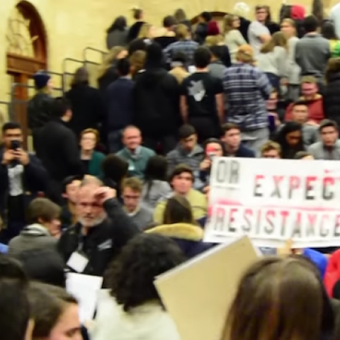 Screenshot of Middlebury College protest against author Charles Murray, March 2, 2017. (VTDigger Video/YouTube Screenshot)