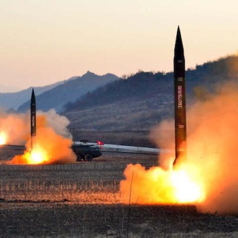 The launch of four ballistic missiles by the Korean People's Army (KPA) during a military drill at an undisclosed location in North Korea, March 7, 2017. (KCNA/STR/AFP/Getty Images)