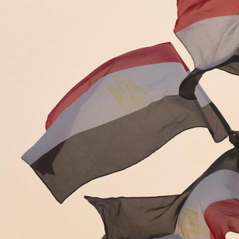 A youth waves Egyptian flags from a lamp post in Tahrir Square on February 1, 2011 in Cairo, Egypt. (Peter Macdiarmid/Getty Images)