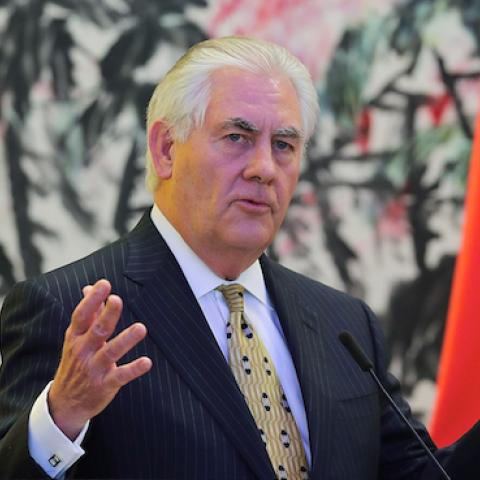 U.S. Secretary of State Rex Tillerson speaks during a joint press conference with China's Foreign Minister Wang Yi at Diaoyutai State Guesthouse in Beijing on March 18, 2017. (LINTAO ZHANG/AFP/Getty Images)