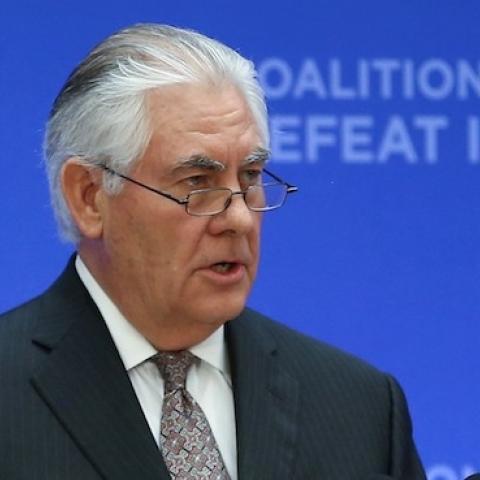 US Secretary of State Rex Tillerson makes an opening speech during the Ministers of the global coalition on the defeat of Daesh, in Washington, United States on March 22, 2017. (Cem Ozdel/Anadolu Agency/Getty Images)