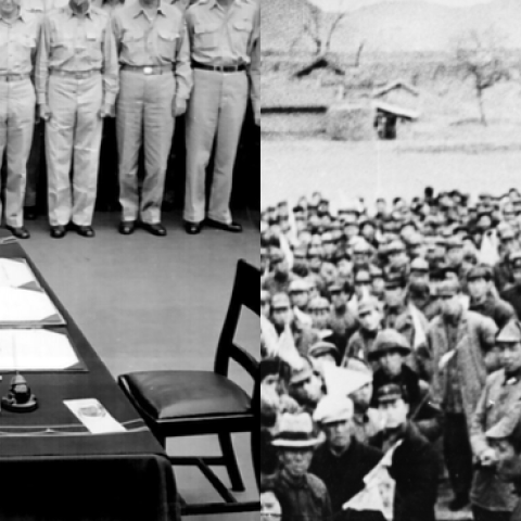 (L) General Douglas MacArthur signs the formal surrender on the USS Missouri in Tokyo Bay, September 2, 1945 (US Navy/Released) (R) Chinese communist guerrilla leader Mao Tse-Tung, November 12, 1944. (Fox Photos/Getty Images)