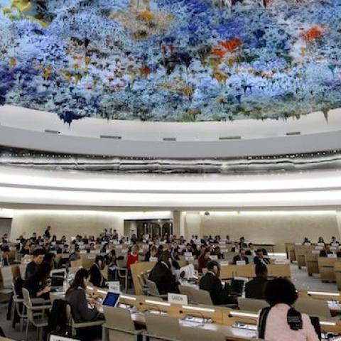 Delegates listen while United Nations special rapporteur on the human rights situation in the Palestinian territories presents his final report before the UN Human Rights Council on March 24, 2014 in Geneva. (FABRICE COFFRINI/AFP/Getty Images)