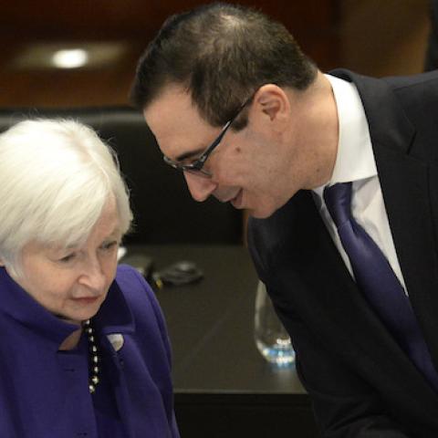 US Treasury Secretary Steven Mnuchin (R) and Federal Reserve Chairman Janet Yellen at the G20 Finance Ministers and Central Bank Governors Meeting in Baden-Baden, southern Germany, on March 17, 2017. (THOMAS KIENZLE/AFP/Getty Images)