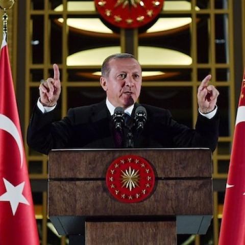 President of Turkey Recep Tayyip Erdogan gives a speech during an Iftar (fast-breaking) dinner the at Presidential Complex in Ankara, Turkey, June 23, 2016. (Photo by Kayhan Ozer/Anadolu Agency/Getty Images)