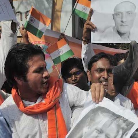 Hindu Yuva Vahini, founded by UP CM Yogi Adityanath, protested over Kulbhushan Jadhav's death sentence by Pakistan accusing him of RAW Agent at Ghatkopar West, on April 15, 2017 in Mumbai, India. (Prashant Waydande/Hindustan Times via Getty Images)