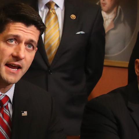 House Speaker Paul Ryan (R-WI) speaks before signing the American Manufacturing Competitiveness Act of 2016, with Ways and means Committee Chairman Kevin Brady (R-TX), (R), on Capitol Hill May 18, 2016 in Washington, DC. (Mark Wilson/Getty Images)