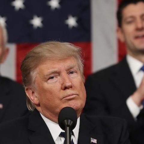 US President Donald J. Trump reacts after delivering his first address to a joint session of Congress in Washington, DC, February 28, 2017. (JIM LO SCALZO/AFP/Getty Images)