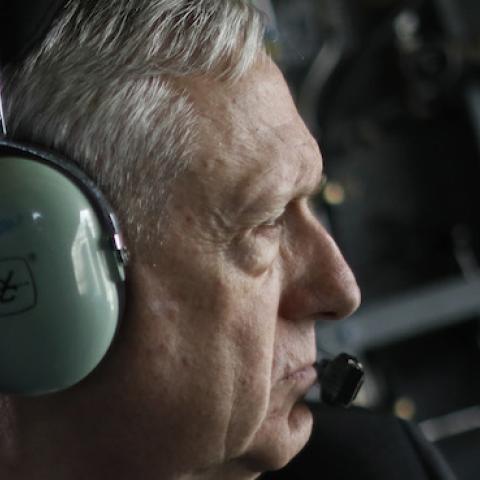 U.S. Defense Secretary James Mattis arrives via helicopter at Resolute Support headquarters on April 24, 2017 in in Kabul, Afghanistan. (Jonathan Ernst - Pool/Getty Images)