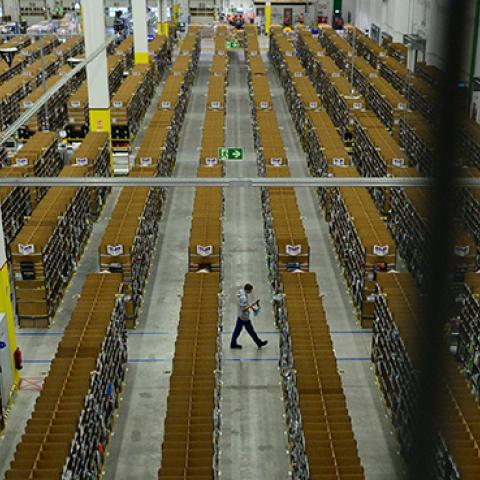 A general view shows the storage shelves at US online retail giant Amazon's Brieselang logistics center, west of Berlin on November 11, 2014. (JOHN MACDOUGALL/AFP/Getty Images)