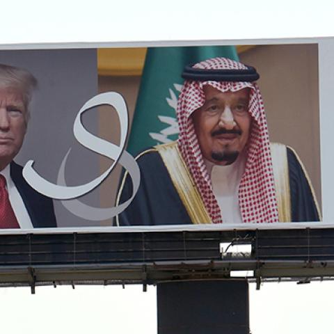 A giant billboard bearing portraits of US President Donald Trump and Saudi Arabia's King Salman, Riyadh, May 19, 2017 (FAYEZ NURELDINE/AFP/Getty Images)