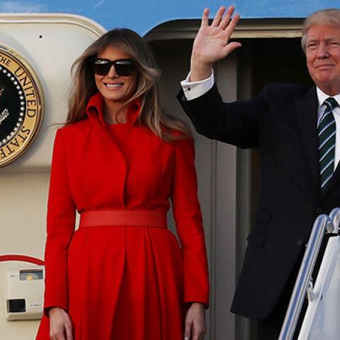 President Donald Trump, his wife Melania Trump and their son Barron Trump arrive together on Air Force One at the Palm Beach International Airport, March 17, 2017 (Joe Raedle/Getty Images)