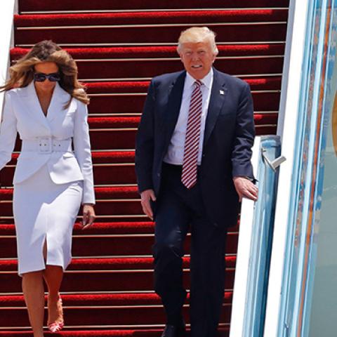 US President Donald Trump and First Lady Melania Trump disembark Air Force One upon their arrival at Ben Gurion International Airport in Tel Aviv on May 22, 2017 (JACK GUEZ/AFP/Getty Images)
