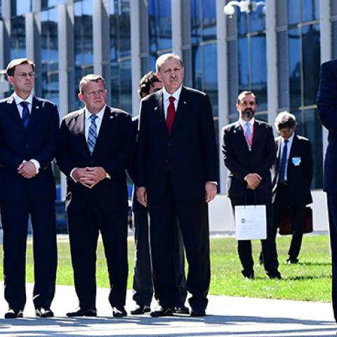 NATO Secretary General Jens Stoltenberg's soeajs during the unveiling ceremony of the Berlin Wall monument, during the NATO summit in Brussels, May 25, 2017 (EMMANUEL DUNAND/AFP/Getty Images)