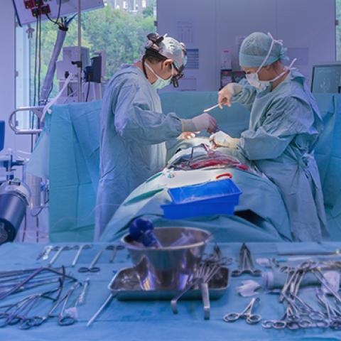 Surgeons performing open heart surgery in modern operating room (Thierry Dosogne)