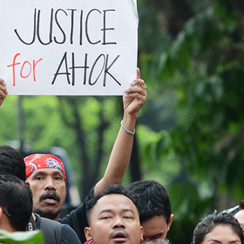 Supporters of Ahok gather for Cityhall Choir showing their concern over Ahok's conviction on May 10, 2017 in Jakarta, Indonesia (Jefta Images / Barcroft Images / Barcroft Media via Getty Images)