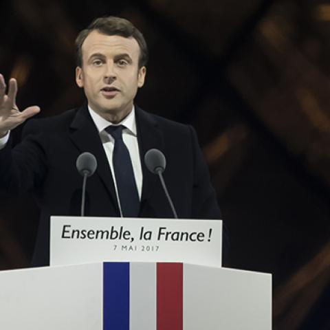 Emmanuel Macron, elected new French President, delivers a speech in front of thousands supporters, Paris, France, May 7, 2017 (Vincent Isore/IP3/Getty Images)