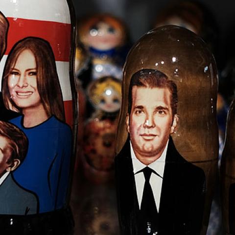 A traditional Russian nesting doll painted with the likeness of President of Donald Trump and his family is displayed for sale at a Moscow store on March 5, 2017 (Spencer Platt/Getty Images)