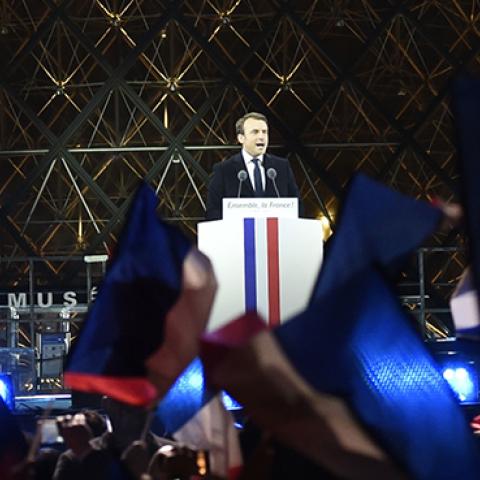 French president-elect Emmanuel Macron delivers a speech in front of the Pyramid at the Louvre Museum in Paris, May 7, 2017 (ERIC FEFERBERG/AFP/Getty Images)