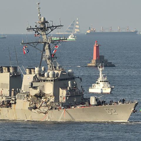 USS Fitzgerald sails into its mother port, US Naval Yokosuka Base, Kanagawa prefecture on June 17, 2017 (KAZUHIRO NOGI/AFP/Getty Images)