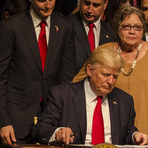 President Donald Trump signs policy changes on Cuba, Miami, Florida, June 16, 2017 (Raul E. Diego/Anadolu Agency/Getty Images)