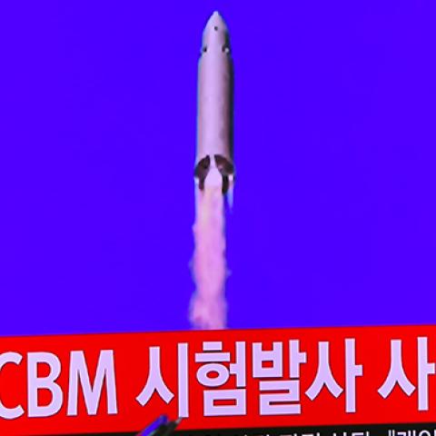 South Korean TV showing image from North Korea's ICBM launch, July 4, 2017 (JUNG YEON-JE/AFP/Getty Images)