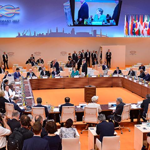 World leaders and delegates attend the the second day of the G20 economic summit in Hamburg, Germany, July 8, 2017 (Thomas Lohnes/Getty Images)
