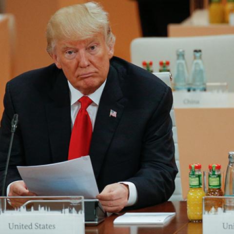US president Donald Trump ahead of the third plenary session of the G20 summit in Hamburg, Germany, July 8, 2017 (Jaap Arriens/NurPhoto via Getty Images)
