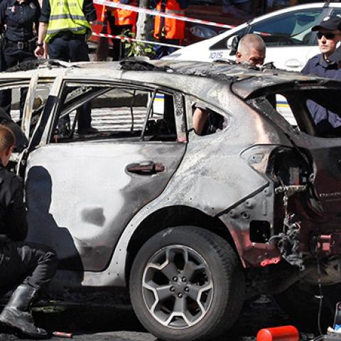 Ukrainian policy at the site of a blast in Kiev that killed journalist Pavel Sheremet, July 20, 2016 (Vladimir Shtanko/Anadolu Agency/Getty Images)