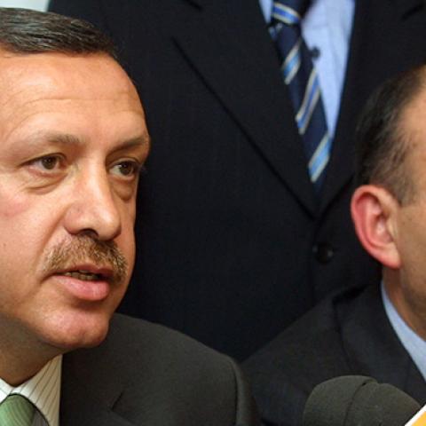 Recep Tayyip Erdoğan holds a press conference in Istanbul after the AKP victory in the Turkish elections, November 3, 2002 (Staton R. Winter/Getty Images)
