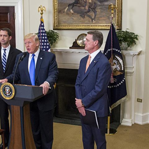 President Trump introduces the RAISE Act with Senators Cotton (R-AR) and Perdue (R-GA), August 2, 2017 (Zach Gibson - Pool/Getty Images)
