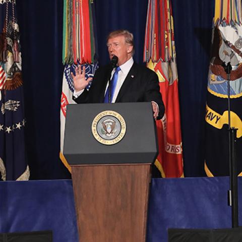 President Donald Trump delivers remarks on Americas military involvement in Afghanistan, Arlington, VA, August 21, 2017 (Mark Wilson/Getty Images)