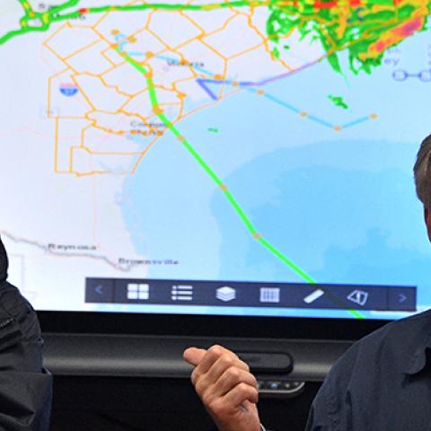 Texas Governor Greg Abbott and President Trump at the Texas Department of Public Safety Emergency Operations Center in Austin, Texas, August 29, 2017 (JIM WATSON/AFP/Getty Images)