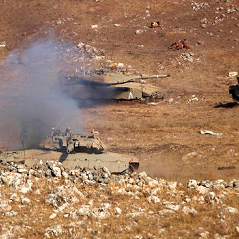 Israeli army exercise simulating conflict with Hezbollah near the Syrian border, September 6, 2017 (JALAA MAREY/AFP/Getty Images)