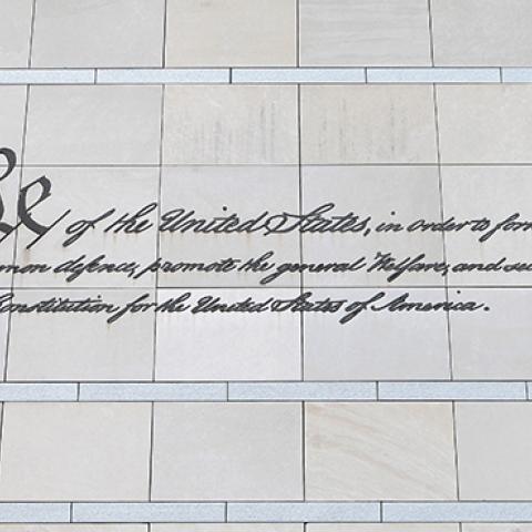 he preamble to the U.S. Constitution etched on a side wall of the National Constitution Center in Philadelphia, Pennsylvania, August 27, 2016 (Raymond Boyd/Getty Images)