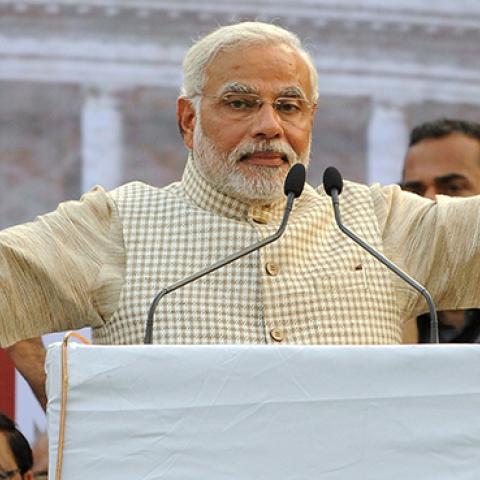 Then-prime ministerial candidate Narendra Modi speaks at a rally in Vadodara, May 16, 2014 (INDRANIL MUKHERJEE/AFP/Getty Images)