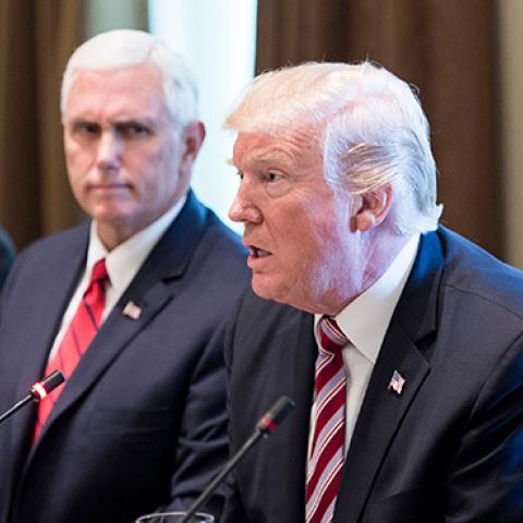 President Trump with National Security Adviser McMaster, Secretary of Defense Mattis, Vice President Pence, and Secretary of State Tillerson, September 7, 2017 (BRENDAN SMIALOWSKI/AFP/Getty Images)