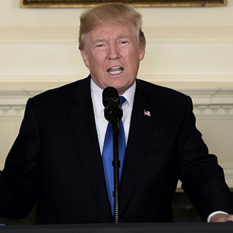 President Trump announces he will not recertify the Iran deal, October 13, 2017 (BRENDAN SMIALOWSKI/AFP/Getty Images)