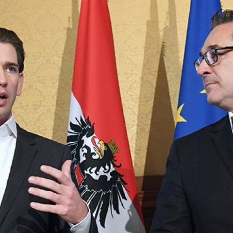 Austrian chancellor Sebastian Kurz and Freedom Party Chairman Heinz-Christian Strache give a joint press conference in Vienna, October 25, 2017 (HELMUT FOHRINGER/AFP/Getty Images)
