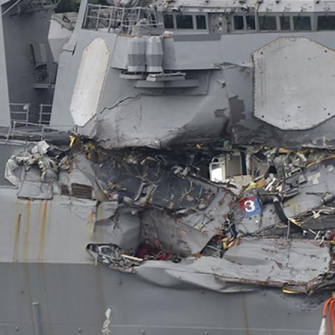 Damages on the guided missile destroyer USS Fitzgerald, June 18, 2017 (KAZUHIRO NOGI/AFP/Getty Images)