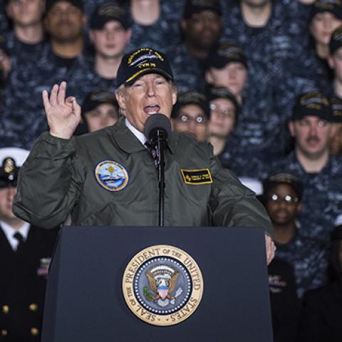 President Donald Trump speaks to Navy and shipyard personnel aboard nuclear aircraft carrier Gerald R. Ford, March 2, 2017 (Jabin Botsford/The Washington Post via Getty Images)