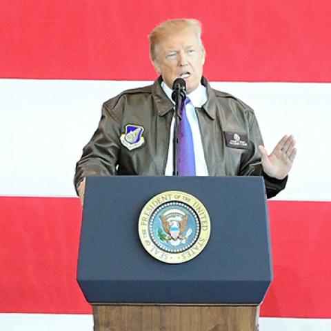 President Trump addresses U.S. military personnel in Japan, November 5, 2017 (Asahi Shimbun via Getty Images)