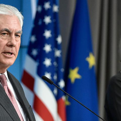 Secretary of State Rex Tillerson and EU foreign policy chief Federica Mogherini give a joint press conference in Brussels, December 5, 2017 (JOHN THYS/AFP/Getty Images)