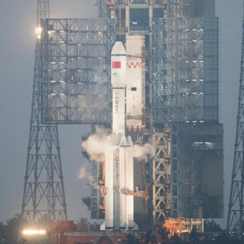 Long March 7 orbital launch vehicle carrying China's cargo spacecraft Tianzhou-1 on the launchpad in Wenchang, April 20, 2017 (FRED DUFOUR/AFP/Getty Images)