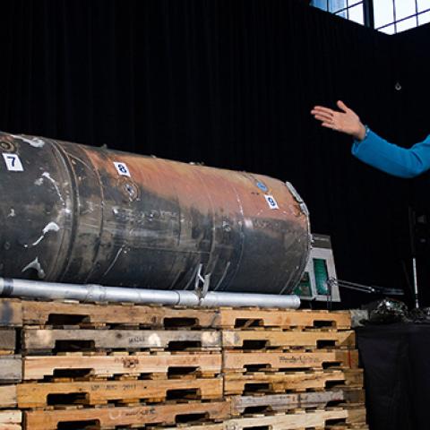 U.S. Ambassador to the United Nations Nikki Haley unveils previously classified information intending to prove Iran violated UNSCR 2231 by providing the Houthi rebels in Yemen with arms, December 14, 2017 (JIM WATSON/AFP/Getty Images)