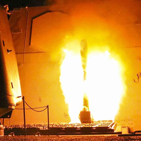 Tomahawk cruise missile launched at Syria, April 14, 2018 (Matthew Daniels/U.S. Navy via Getty Images)